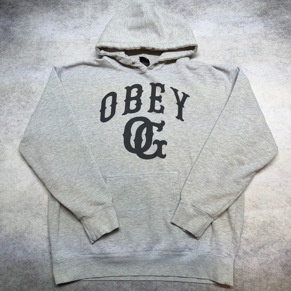 Obey OG Logo Hoodie Mens Large Heather Grey Vintage Y2K Skater Streetwear